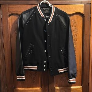 Coach leather & wool baseball jacket w/dinosaur charm & beaded pockets.Worn once